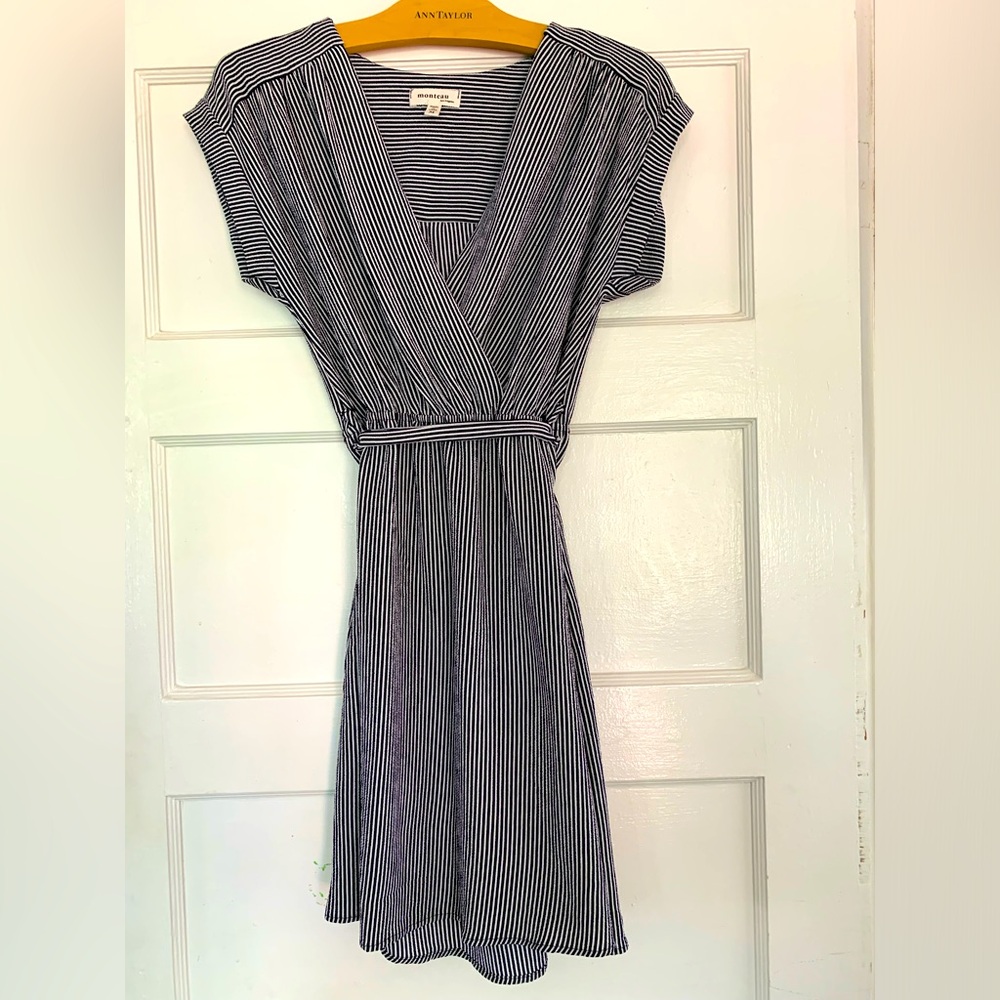 Monteau navy and white striped wrap-style belted dress, size M